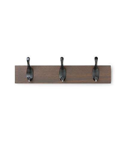 AmazonBasics - Perchero de madera de pared, 3 ganchos modernos 34 cm, Nogal, 2 unidades