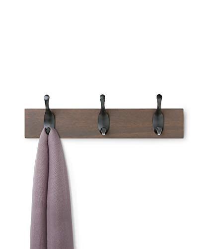 AmazonBasics - Perchero de madera de pared, 3 ganchos modernos 34 cm, Nogal, 2 unidades