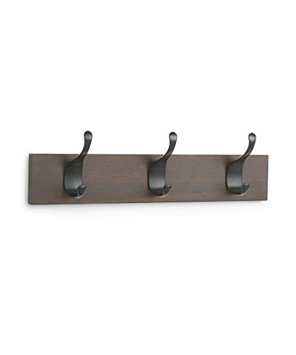 AmazonBasics - Perchero de madera de pared, 3 ganchos modernos 34 cm, Nogal, 2 unidades