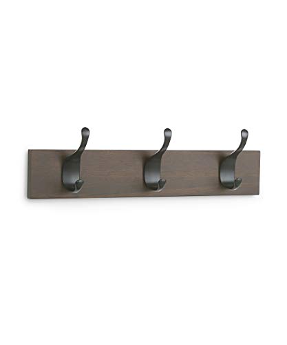 AmazonBasics - Perchero de madera de pared, 3 ganchos modernos 34 cm, Nogal, 2 unidades