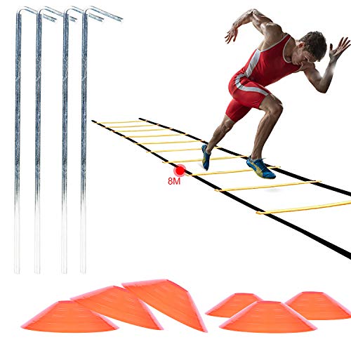 AMIGOB 4PCS Kit Entrenamiento Velocidad y Agilidad de Fútbol, Escalera de Agilidad de 8M, Conos, Clavos Metálicos y Bolsa de Transporte para Fútbol, Fitness, Deportes