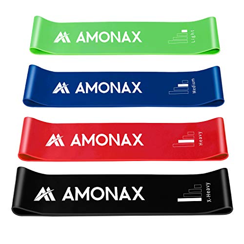 Amonax Bandas Elasticas Fitness, Cintas Elasticas Fitness Látex Natural con 4 Niveles Ejercicios en Piernas, Glúteos y Brazos, 4 Bandas Resistencia para Yoga, Pilates, Crossfit, Estiramientos, Fuerza