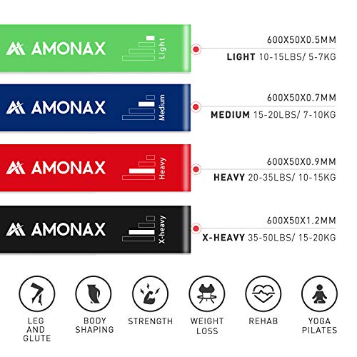 Amonax Bandas Elasticas Fitness, Cintas Elasticas Fitness Látex Natural con 4 Niveles Ejercicios en Piernas, Glúteos y Brazos, 4 Bandas Resistencia para Yoga, Pilates, Crossfit, Estiramientos, Fuerza