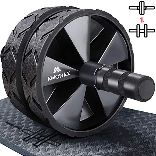 AMONAX - Rodillo de Rueda para Abdominales con Alfombrilla Grande para ejercitar Abdominales, Doble Rueda con Modos de Entrenamiento de Fuerza Dual en el Gimnasio en casa