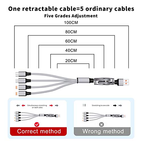 Amuvec 4 en 1 Multi Cable de Carga, Retráctil Multi USB Cargador Cable Múltiples Micro USB Tipo C 2 IP Compatible con Android iPhone 11 8 Samsung Galaxy S9 S8 S7 Huawei P20 Honor Kindle LG Sony