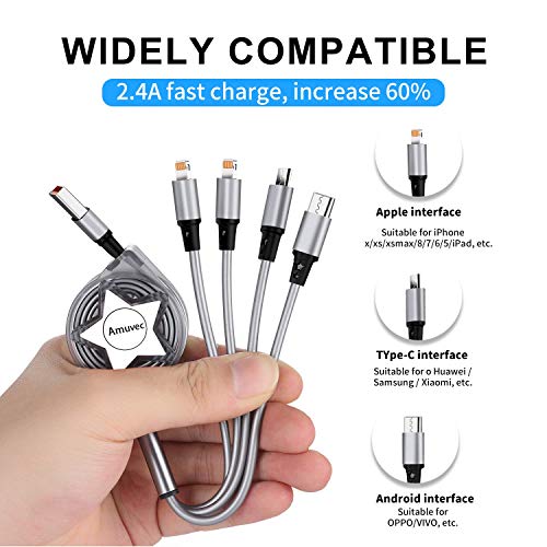 Amuvec 4 en 1 Multi Cable de Carga, Retráctil Multi USB Cargador Cable Múltiples Micro USB Tipo C 2 IP Compatible con Android iPhone 11 8 Samsung Galaxy S9 S8 S7 Huawei P20 Honor Kindle LG Sony