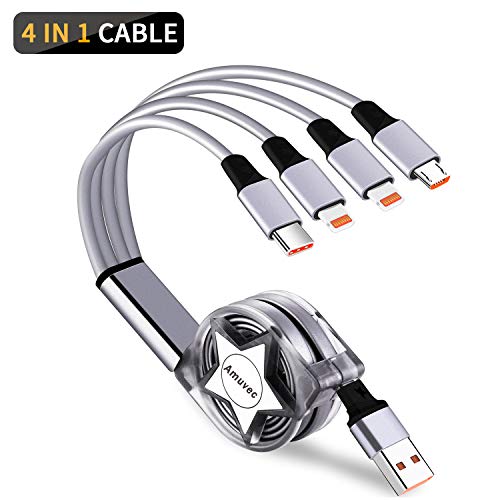 Amuvec 4 en 1 Multi Cable de Carga, Retráctil Multi USB Cargador Cable Múltiples Micro USB Tipo C 2 IP Compatible con Android iPhone 11 8 Samsung Galaxy S9 S8 S7 Huawei P20 Honor Kindle LG Sony