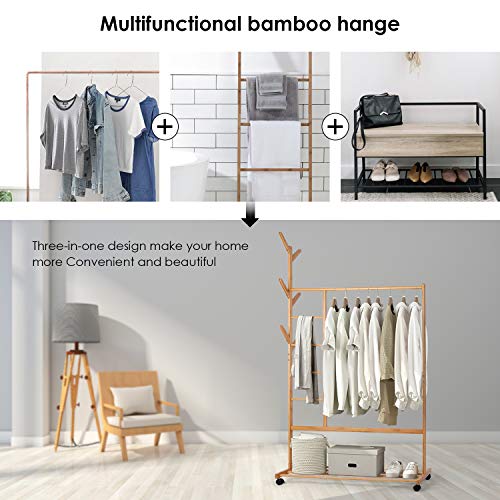 amzdeal Perchero de bambú con diseño de Perchero Lateral con Compartimento para Pantalones y Estante Inferior con 6 Ganchos para Chaquetas Vestidos Paraguas, Color bambú Natural