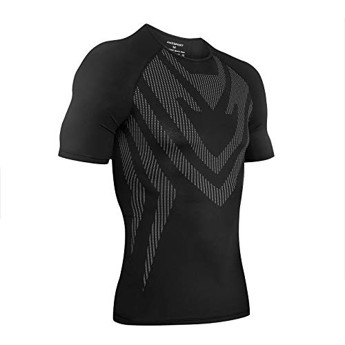 AMZSPORT Camisa de Compresión Deportiva para Hombre Camiseta de Manga Corta Camiseta de Secado Rápido Capa Base para Correr, Negro S