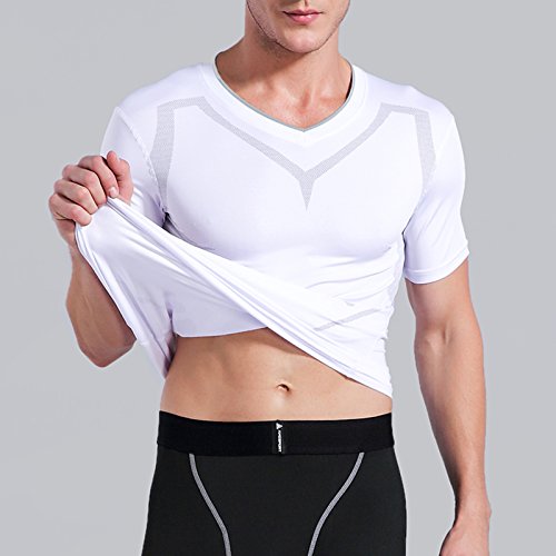 AMZSPORT Camiseta de compresión de Mangas Corta para Hombre Deportes de Secado Rápido Funcionamiento Baselayer Blanco Size M