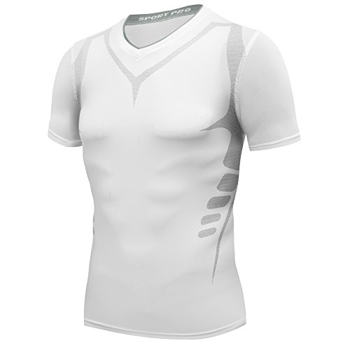 AMZSPORT Camiseta de compresión de Mangas Corta para Hombre Deportes de Secado Rápido Funcionamiento Baselayer Blanco Size M