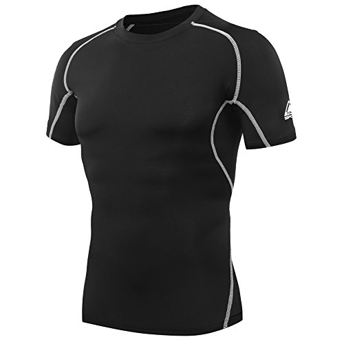 AMZSPORT Camiseta de compresión de Mangas Corta para Hombre Deportes de Secado Rápido Funcionamiento Baselayer, Negro, M