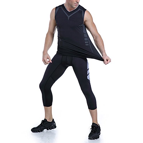 AMZSPORT Camiseta de compresión sin mangas para hombre Deportes de Secado Rápido Baselayer Funcionamiento Tirantes Negro M