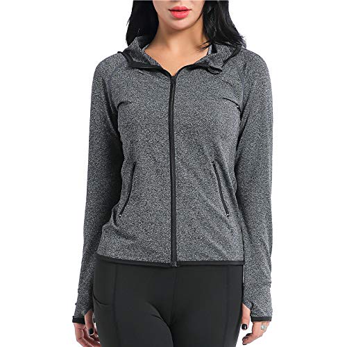 AMZSPORT Chaqueta Deportiva para Mujer Sudadera con Capucha y Cremallera de Manga Gris M