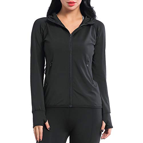 AMZSPORT Chaqueta Deportiva para Mujer Sudadera con Capucha y Cremallera de Manga Negro XXL