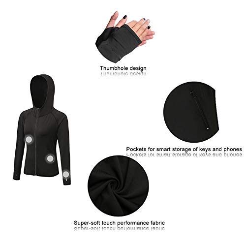 AMZSPORT Chaqueta Deportiva para Mujer Sudadera con Capucha y Cremallera de Manga Negro XXL