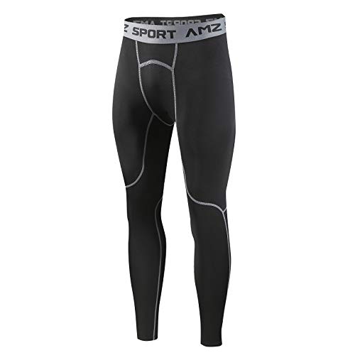 AMZSPORT Hombres Legging de Compresión Pantalones para Correr Mallas Deportivas para Gimnasio, Negro Gris L