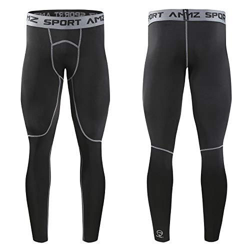 AMZSPORT Hombres Legging de Compresión Pantalones para Correr Mallas Deportivas para Gimnasio, Negro Gris L