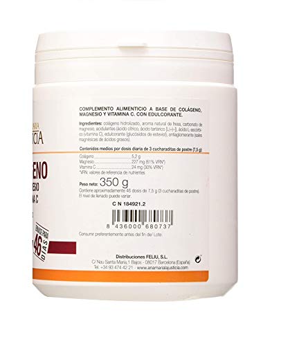 Ana Maria Lajusticia - Colágeno con magnesio y vit c – 350 gramos (sabor fresa) articulaciones fuertes y piel tersa. Regenerador de tejidos con colágeno hidrolizado tipo 1 y 2. Envase para 46 días.