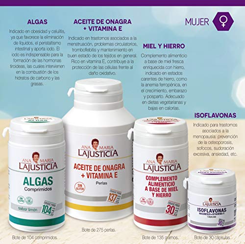 Ana Maria Lajusticia - Isoflavonas con magnesio + VIT E – 30 cápsulas. Reduce los síntomas de la menopausia. Apto para veganos. Envase para 30 días de tratamiento.