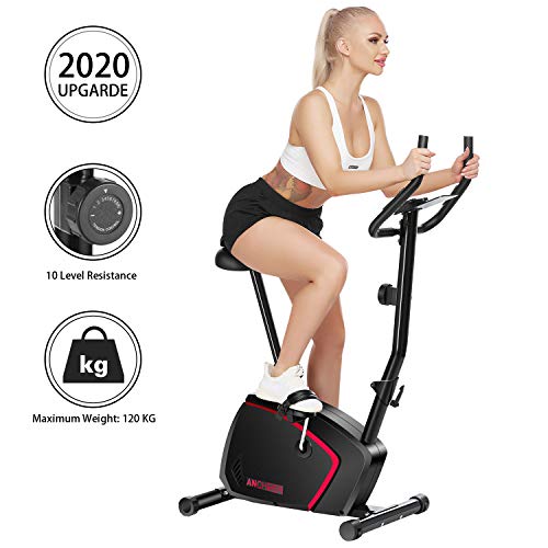 Ancheer Bicicleta de Fitness Vertical 10 Niveles de Resistencia Magnética, Bicicleta Estática con Pantalla LCD, Soporte para Movil iPad, Mango de Impulso, Carga Máxima: 120KG (Negro)