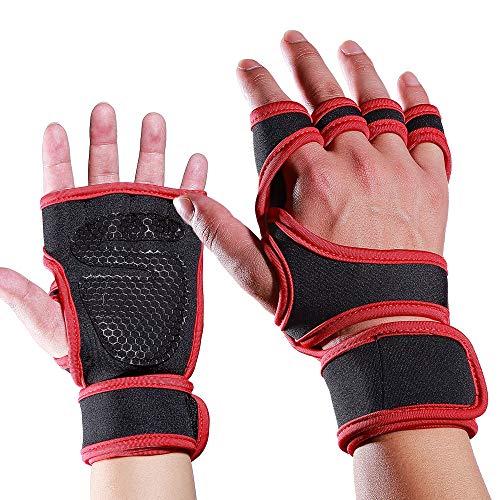 AndyJerzy Guantes de Gimnasio Cubierta Fitness Deportivo Pesas Antideslizantes Montar a Caballo Duro Tire Dedo Medio Guantes (Negro, Rojo) para Pull Ups, Cross Training, Fitness, WODs y Lev