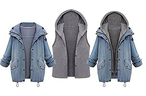 angelwing Mujers 2 Piezas Abrigo Denim Encapuchada Chaqueta de Mezclilla y Chaleco con Capucha Capa otoño Invierno Outwear