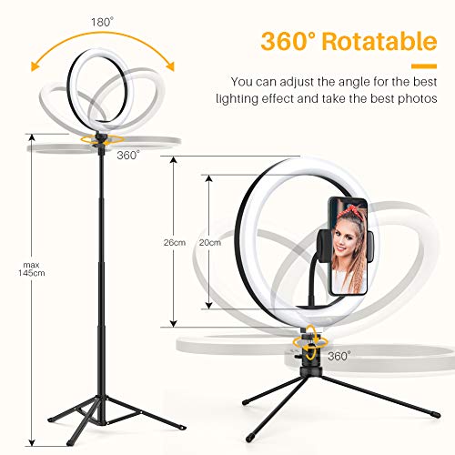 Anozer 10.2'' LED Anillo de luz con Trípode Metal de Escritorio y 57.1'' Trípode Largo Alternativo&Soporte Teléfono, luz de 3 Modo y 10 Brillo para Transmisión en Vivo/Youtube Video/Tiktok/Maquillaje