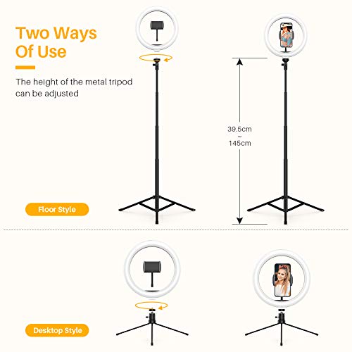 Anozer 10.2'' LED Anillo de luz con Trípode Metal de Escritorio y 57.1'' Trípode Largo Alternativo&Soporte Teléfono, luz de 3 Modo y 10 Brillo para Transmisión en Vivo/Youtube Video/Tiktok/Maquillaje