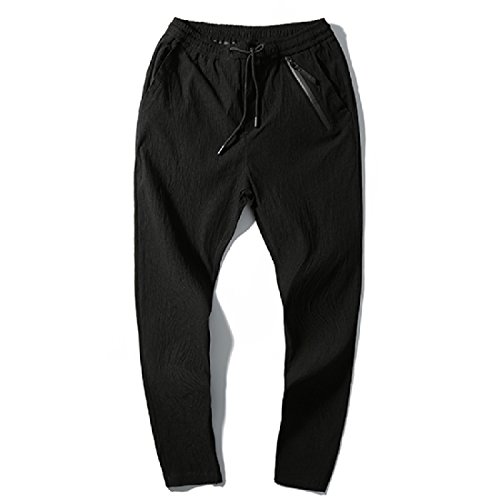 Aooword-men clothes Casual cómodo lino algodón elástico suelto puro color décimas pantalones Para Hombres negro 33