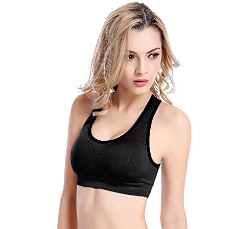 APIKA De Las Mujeres Amortiguador De Soporte De Alto Impacto Seamless Racer Back De Entrenamiento Respirable Sujetador Deportivo(L,Negro)