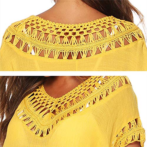 APOO Vestido de Playa Suelto para Mujer Sexy Túnica Bikini sólido Traje de baño Ropa de Playa Traje de baño Vestido de Playa Ahuecado Robe De Plage, Estilo1-Amarillo, Talla única