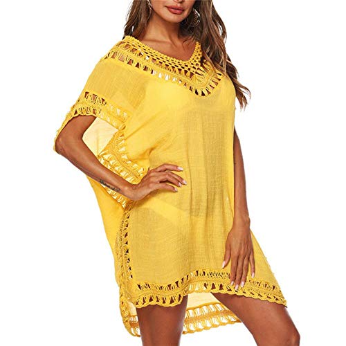 APOO Vestido de Playa Suelto para Mujer Sexy Túnica Bikini sólido Traje de baño Ropa de Playa Traje de baño Vestido de Playa Ahuecado Robe De Plage, Estilo1-Amarillo, Talla única