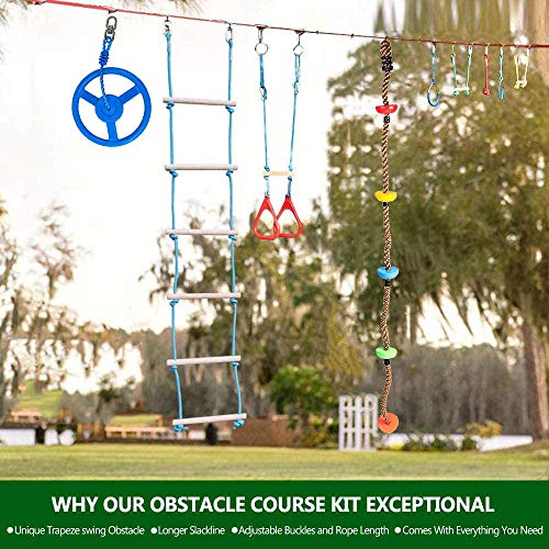 A&Q Ninja Obstacle Course Line Kit, Ninja Slackline Monkey Bar Kit Slackline - Juego De Accesorios para Slackline para Niños (15 M)