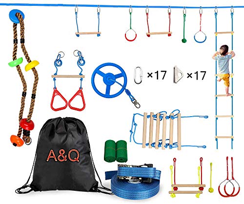 A&Q Ninja Obstacle Course Line Kit, Ninja Slackline Monkey Bar Kit Slackline - Juego De Accesorios para Slackline para Niños (15 M)
