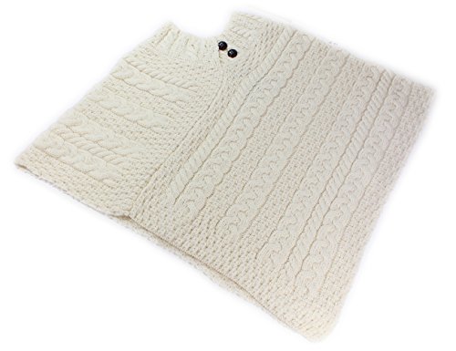 Aran Wollen Mills Irish Aran - Poncho de punto con botones | 100% lana merino supersuave para mujer Beige natural Talla única