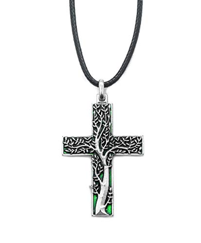 Arbol de la Vida Cruz Verde chapeada plata con collar - Original idea de regalo Amuletos de la suerte de buenos deseos de buena vida, para la mujer, madre, embarazada, matrimonio - Colgante H 4,8 cm