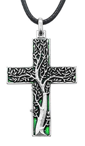 Arbol de la Vida Cruz Verde chapeada plata con collar - Original idea de regalo Amuletos de la suerte de buenos deseos de buena vida, para la mujer, madre, embarazada, matrimonio - Colgante H 4,8 cm