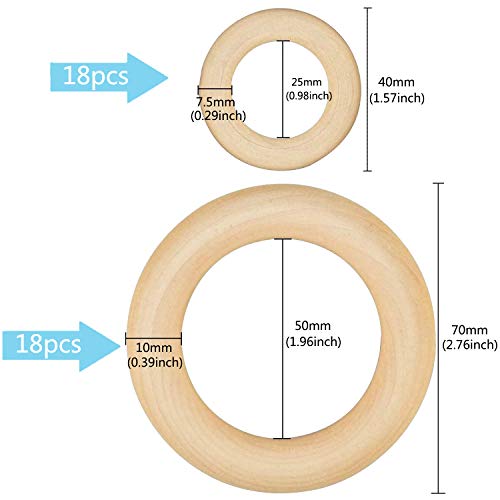 Aros de Madera Natural, Anillos de Madera de Artesanía, 36 Piezas Dentición de Madera 2 Tamaños (Diametro 4cm & 7cm), para Manualidades, Joyas Bricolaje Conectores Colgantes, Pendiente de Anillo