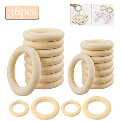 Aros de Madera Natural, Anillos de Madera de Artesanía, 36 Piezas Dentición de Madera 2 Tamaños (Diametro 4cm & 7cm), para Manualidades, Joyas Bricolaje Conectores Colgantes, Pendiente de Anillo