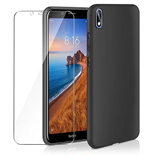 AROYI Funda Xiaomi Redmi 7A & Cristal Templado, Carcasa Silicona TPU Ultra Fina Alta Resistente y Flexibilidad Fundas Cover Caso para Xiaomi Redmi 7A-Negro