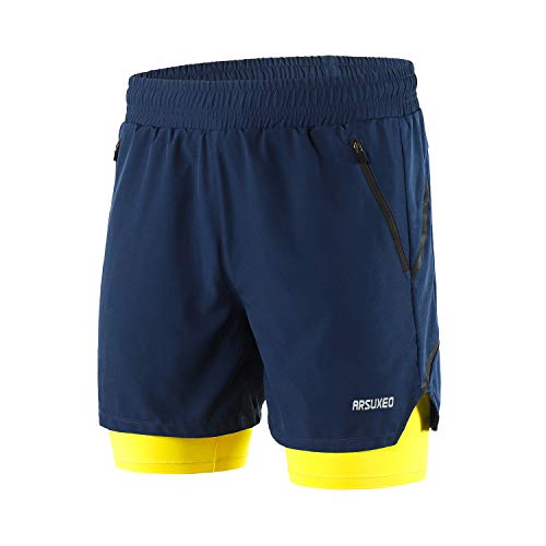 ARSUXEO B191 - Pantalones cortos de running activos 2 en 1 con 2 bolsillos con cremallera - Azul - Medium