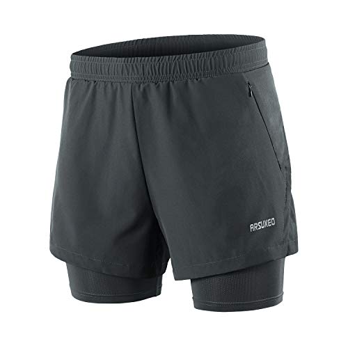 ARSUXEO B202 - Pantalones cortos para correr con cremallera transpirable - Gris - Large