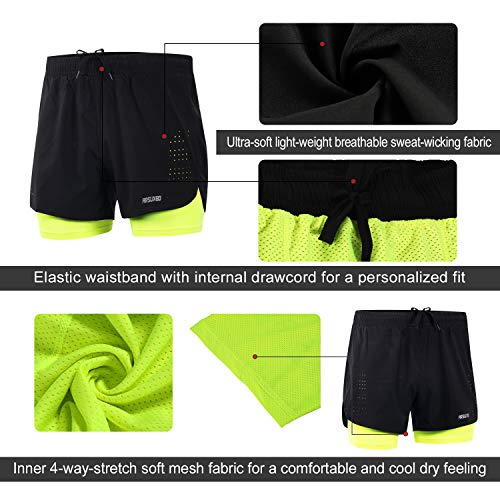 ARSUXEO Pantalones Cortos para Correr Entrenamiento Activo 2 en 1 Tamaño para los Hombres Large Verde