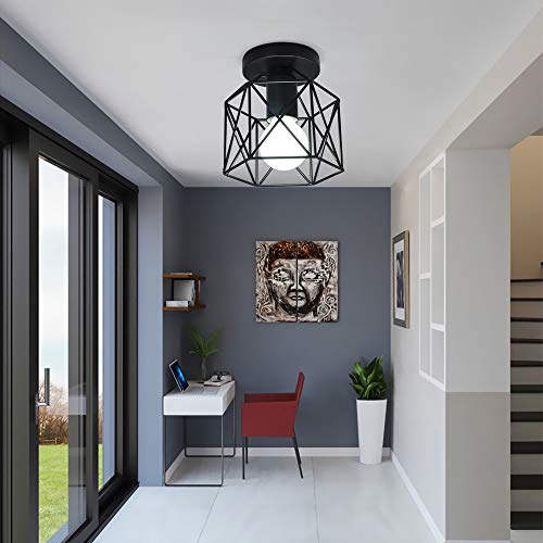 Artpad Vintage Loft Jaula de hierro negro Lámpara de techo LED 5W Luz de metal nórdico con luz blanca para cocina Dormitorio Balcón Barra de pasillo E27 Luminaria de techo geométrica
