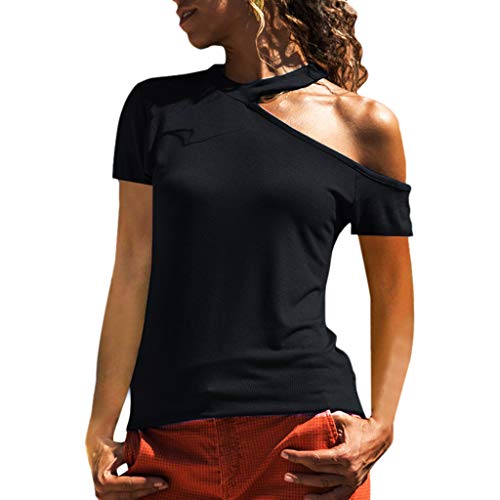 Asimétrica Camiseta de Mujer,Honestyi Blusa de Color sólido Verano T-Shirt de Hombro sin Tirantes Camisa de La Moda Blusa de Manga Corta Sudadera con Capucha Chaleco Camisola Abrigo