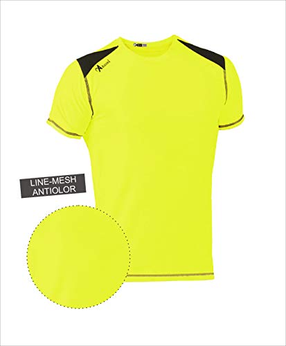 ASIOKA 182/17 Camiseta técnica combinada Unisex para Adultos de m/Corta, Amarillo flúor/Marengo