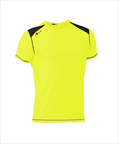 ASIOKA 182/17 Camiseta técnica combinada Unisex para Adultos de m/Corta, Amarillo flúor/Marengo