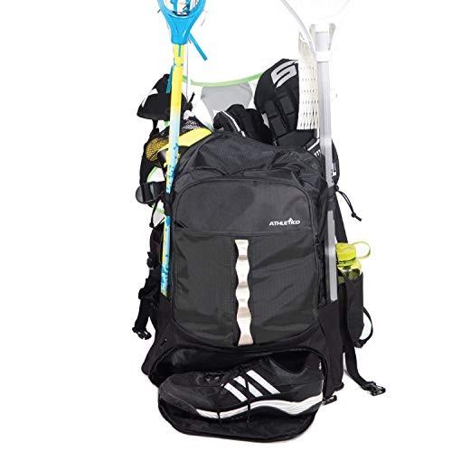 Athletico Lacrosse Bolsa – Mochila extragrande Lacrosse – Capacidad para todos los equipos de Lacrosse o hockey de campo – Dos soportes para palos y compartimento separado para tacos, XL, Negro