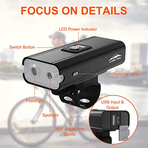 Atmonas Luz Bicicleta, 5200mAh Luces Bicicleta USB Recargable con Floodlight y Spotlight, 6 Modos Ajustables, IPX5 Impermeable, 800 Lumens Linterna Delantera Bicicleta para Todas Las Bicicletas